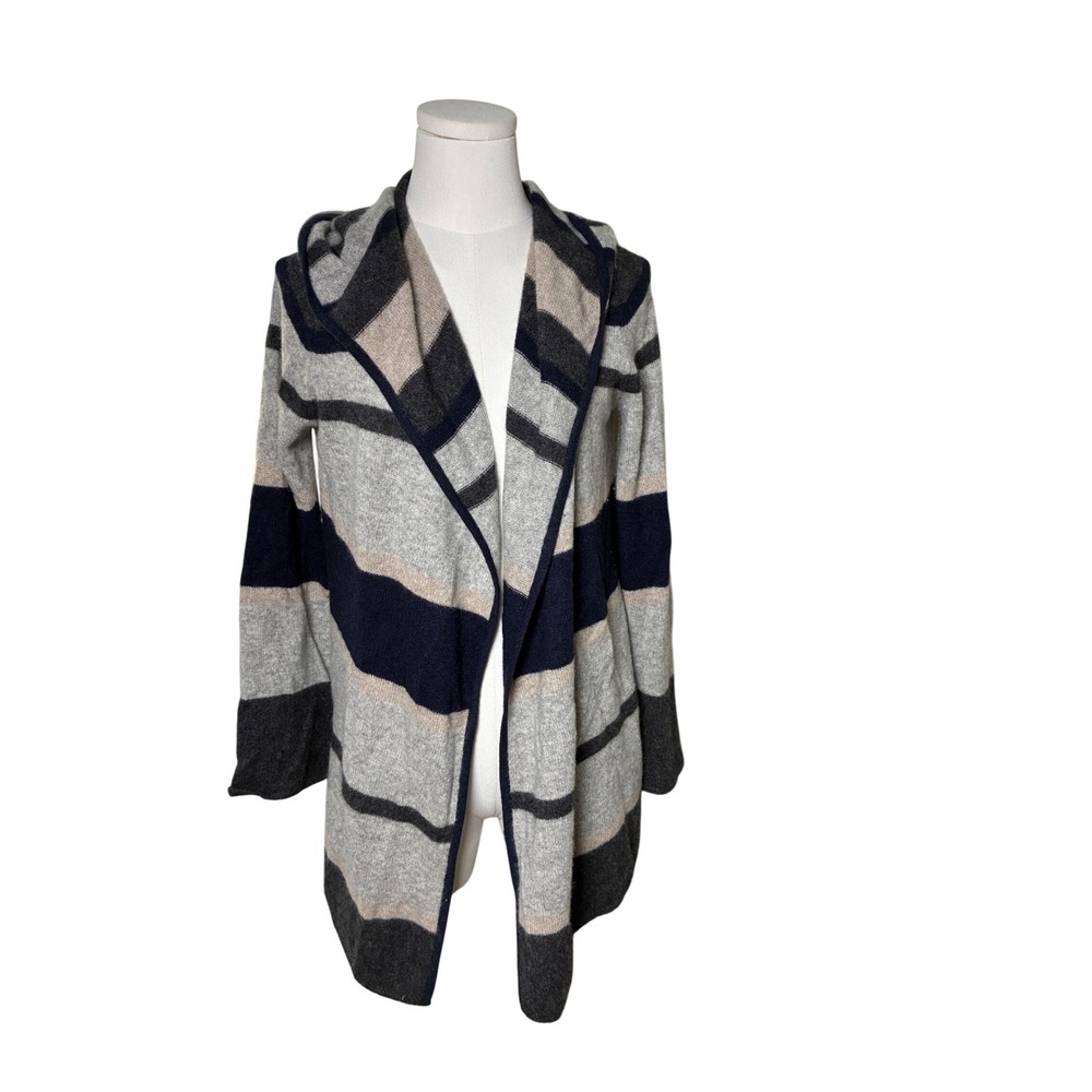 KenAR 100% Cashmere Cardigan Hooded Gray Navy Stripe Draped Open Front M